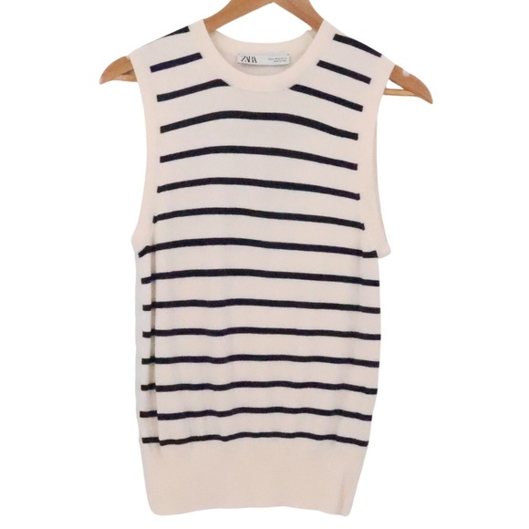 Zara Sweaters - Zara Striped Knit Sleeveless Sweater Top Womens Preppy Cream Black Size M